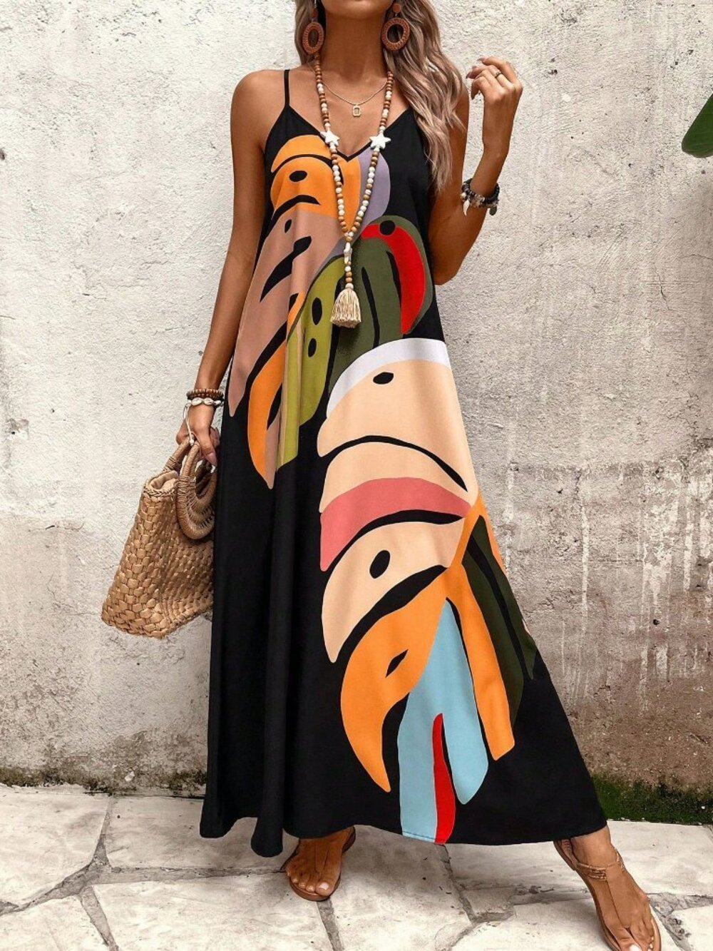 Multicolor Casual Women's Colorful Leaf Printed Strappy Dress Maxi Outfit - Picture 6 of 7